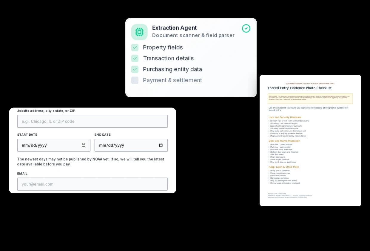 Screens from Verofin products: the weather report request form, the AML extraction agent checklist, and page 1 of the storage forced entry photo checklist